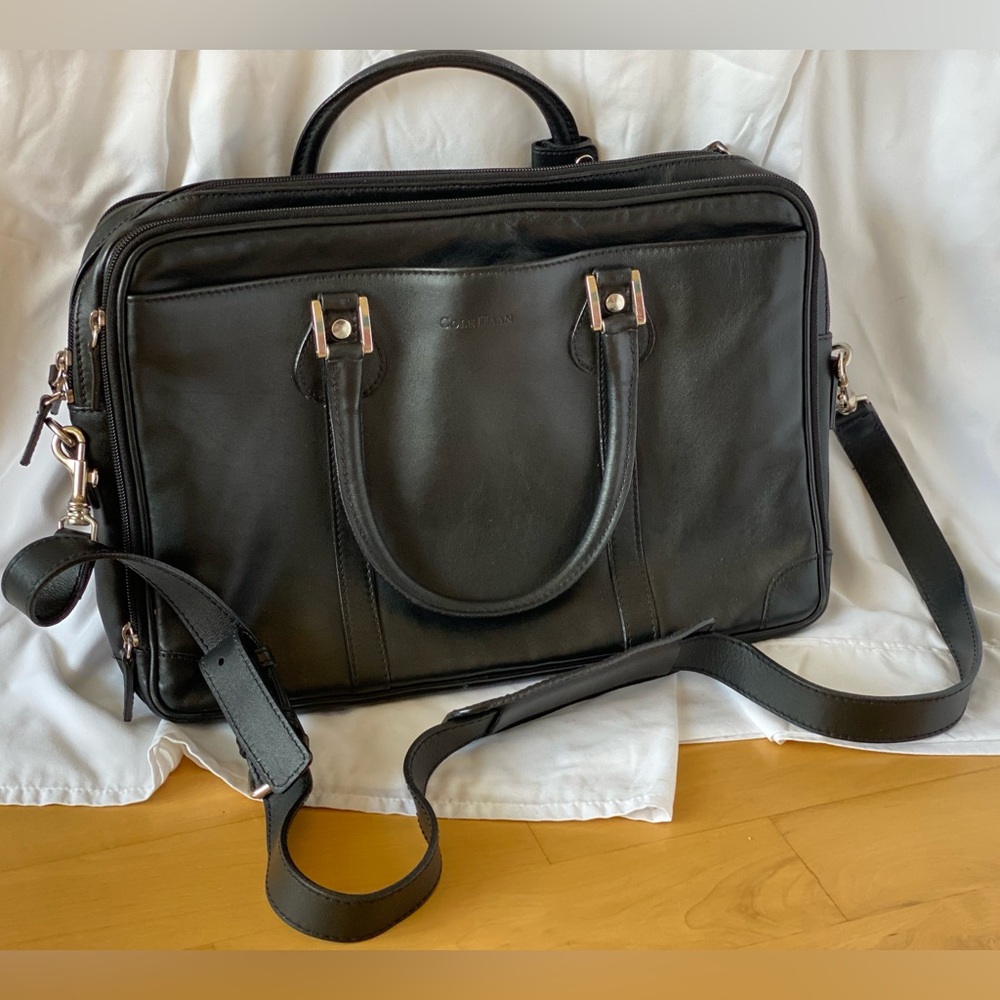 Cole Hann Black Leather Messenger Bag Attache Briefcase Shoulder Strap